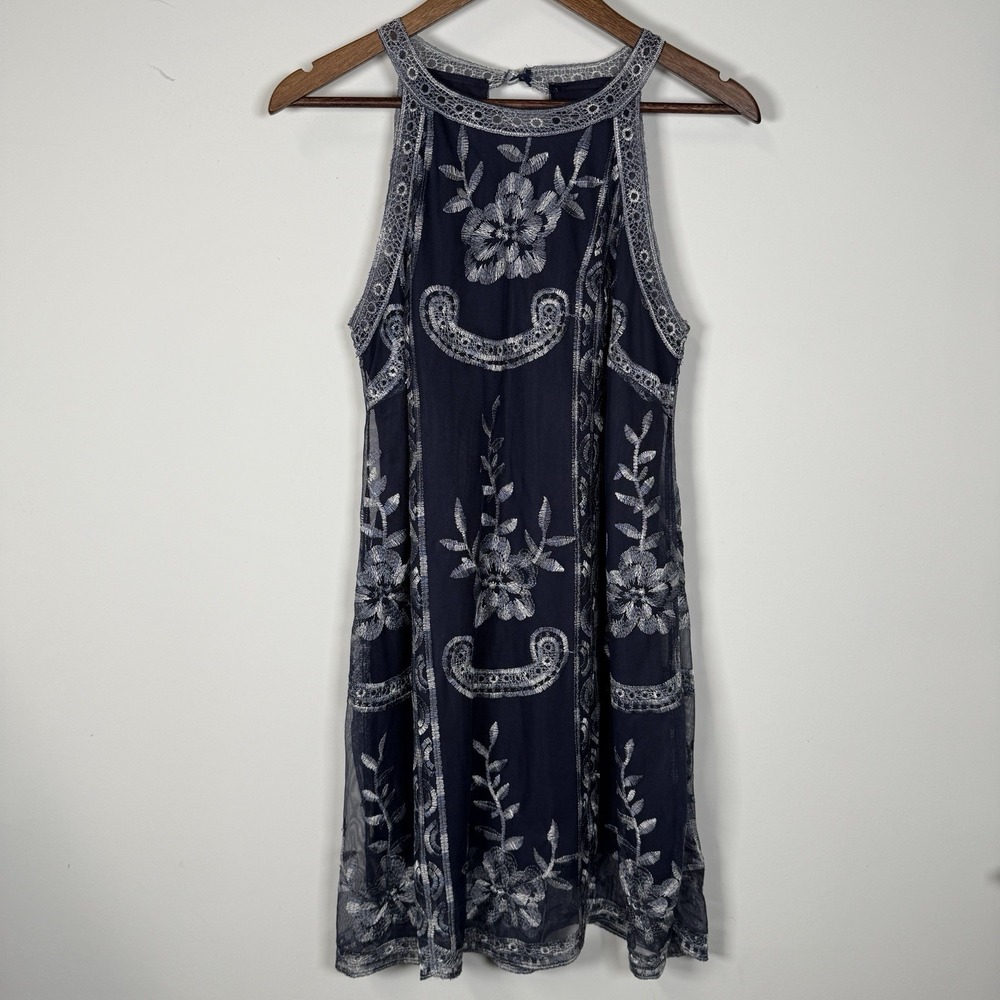 Women's Altar'd State Sleeveless Dress Halter Lace Navy Shiny Floral Small Lined